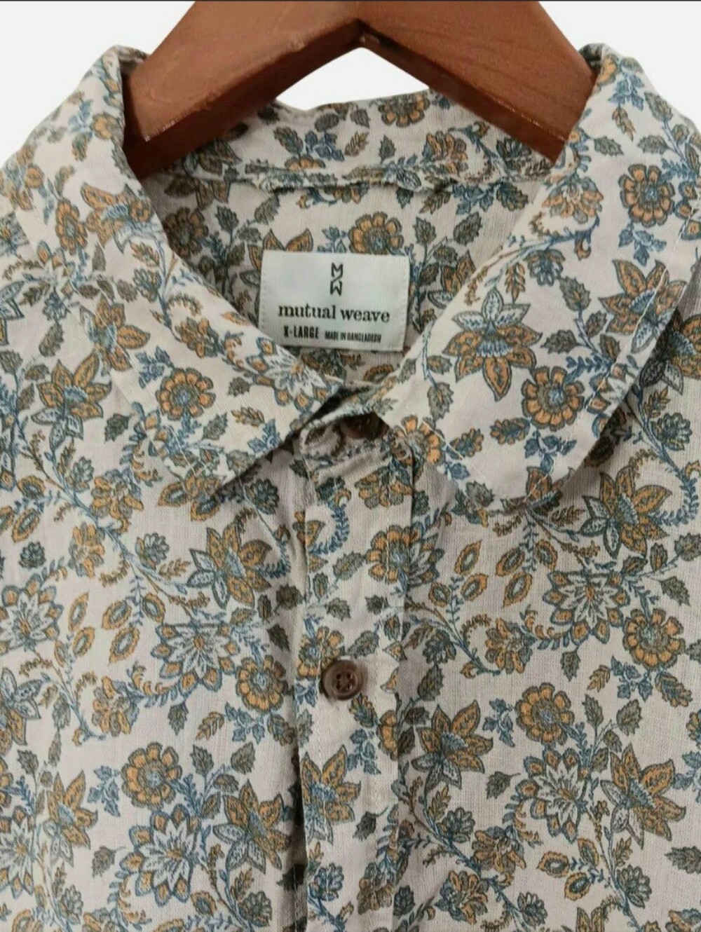 Mutual Weave Mens XL Linen Cotton Floral Button Up Shirt Short Sleeve Beige Blue